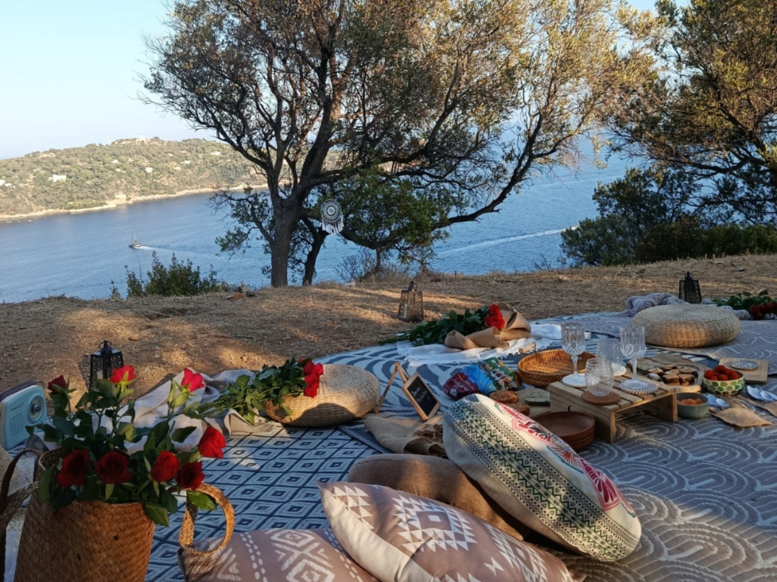 The Nice Picnic setup with cushions, dreamcatcher and roses under an olive tree