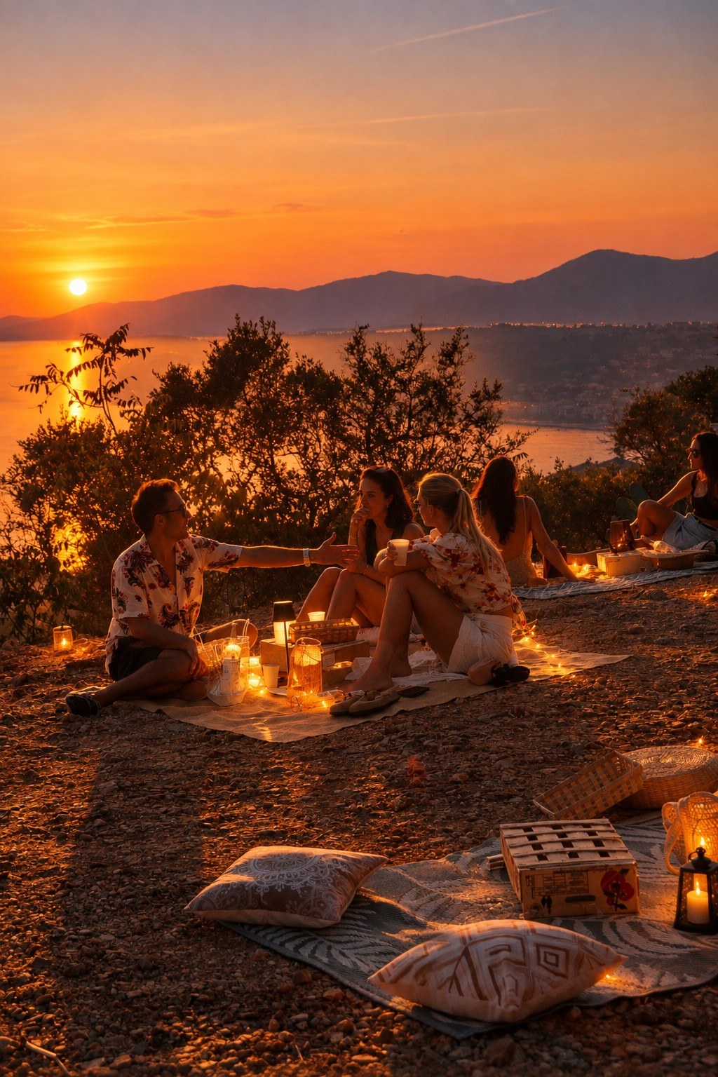 Sunset picnic with lanterns and friends overlooking the Mediterranean